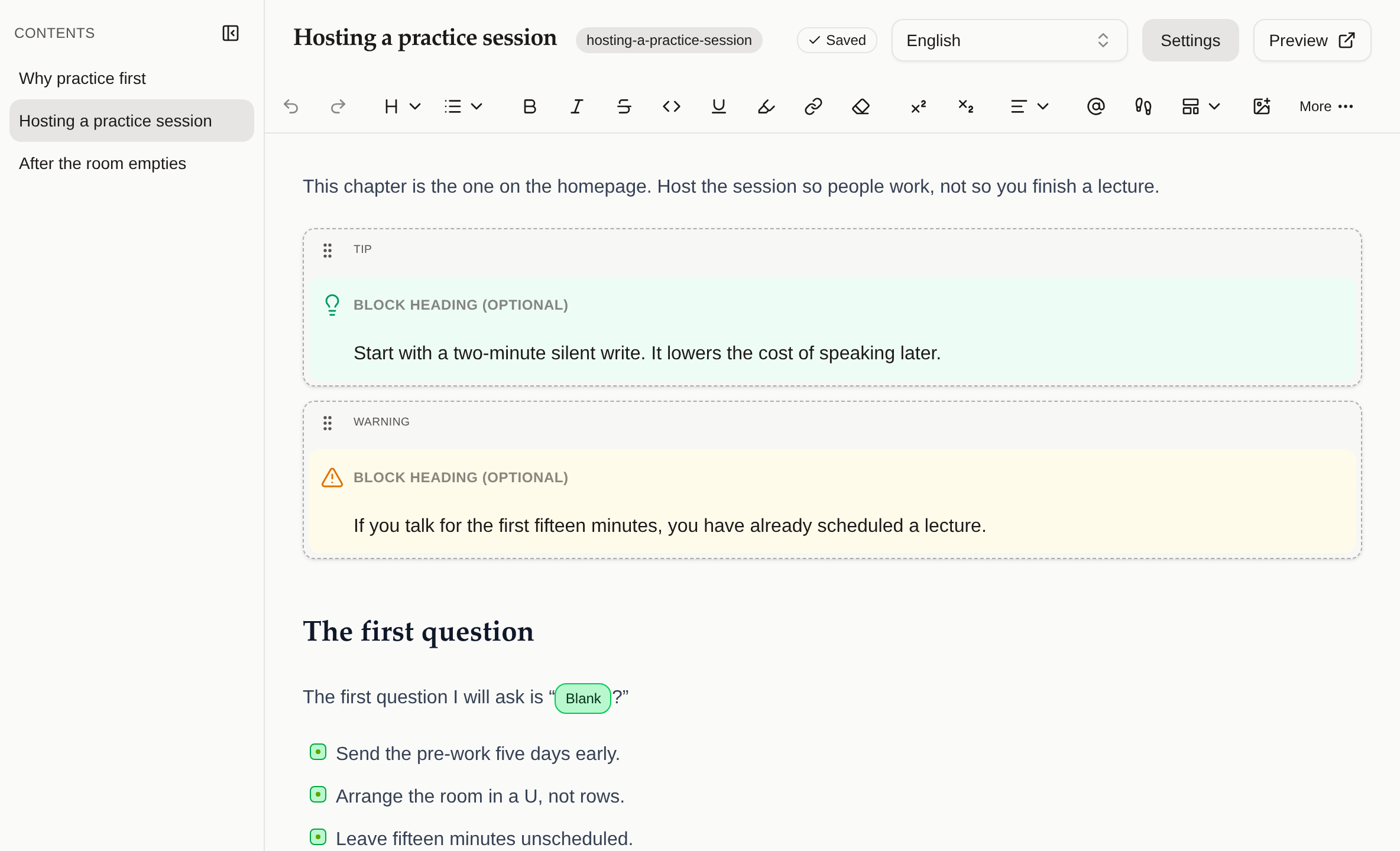 Section editor for Hosting a practice session, with the outline and manuscript
